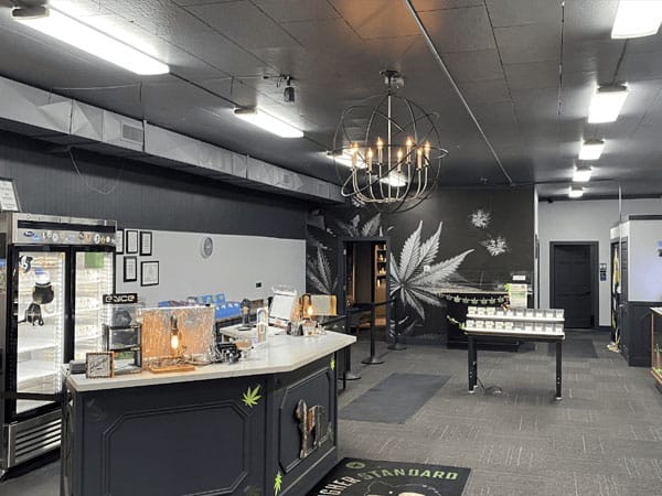 Cannabis dispensary interior with a curved checkout counter, glass display cases, a refrigerated section on the left, and a large leaf mural on the back wall.