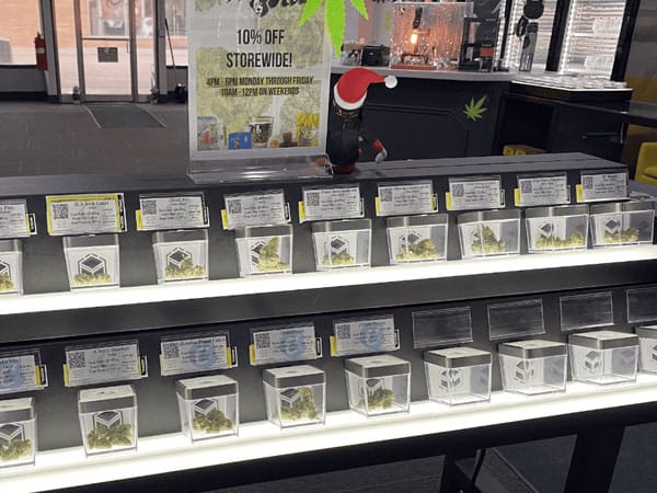 Display counter with multiple clear boxes containing cannabis buds, arranged in rows beneath labeled cards; a sign above advertises 10% off storewide and a Santa hat decorates the area in the background.