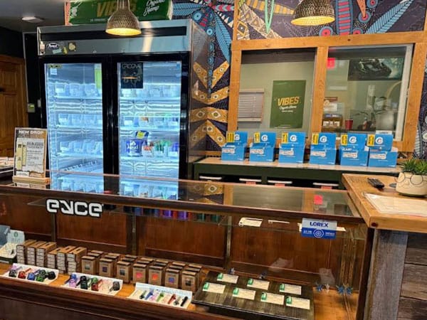 Counter with a glass refrigerated display case and a colorful mural behind it, inside a shop scene.