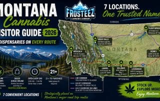 Montana Cannabis Visitor Guide 2026 featuring Frosteez Cannabis Company dispensary locations along Montana's major road trip routes including Yellowstone, Glacier National Park, Billings, Great Falls, Missoula, Laurel, Lockwood, Plentywood and Sidney.
