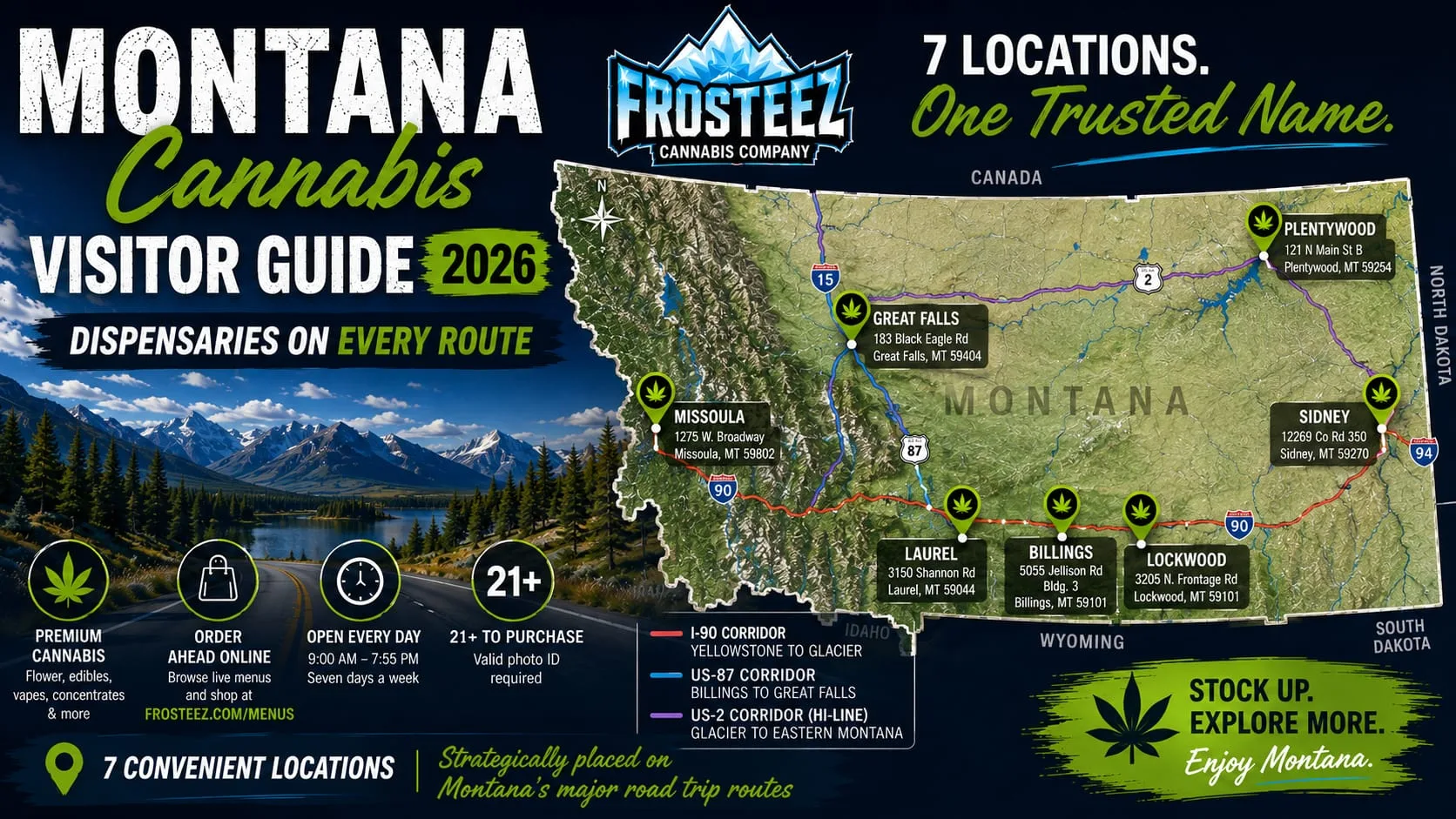 Montana Cannabis Visitor Guide 2026 featuring Frosteez Cannabis Company dispensary locations along Montana's major road trip routes including Yellowstone, Glacier National Park, Billings, Great Falls, Missoula, Laurel, Lockwood, Plentywood and Sidney.