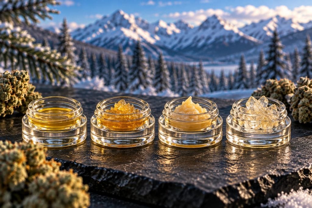 Four types of cannabis concentrates in glass dab containers on dark slate with Montana mountain backdrop at Frosteez dispensary