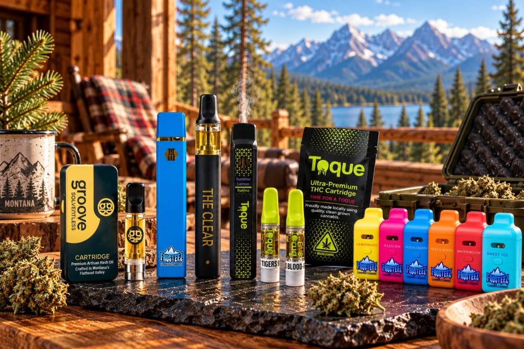 Vape cartridges and all-in-one disposables stored on dark slate in a Montana cabin with mountain lake views near Frosteez dispensary