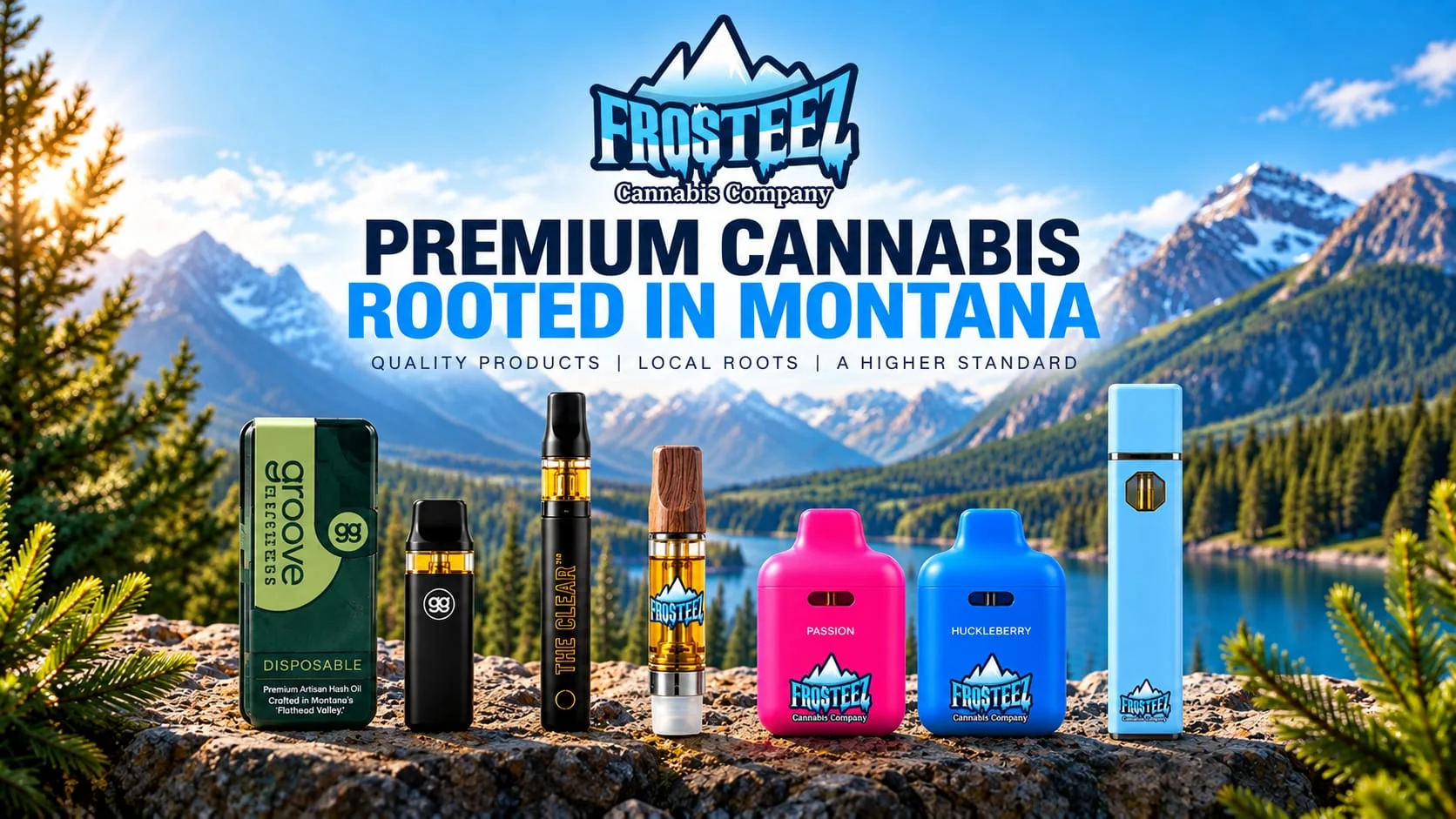 Frosteez cannabis vape cartridges and disposables including Toque, Groove Solventless, and Frosteez branded all-in-ones at Montana dispensary