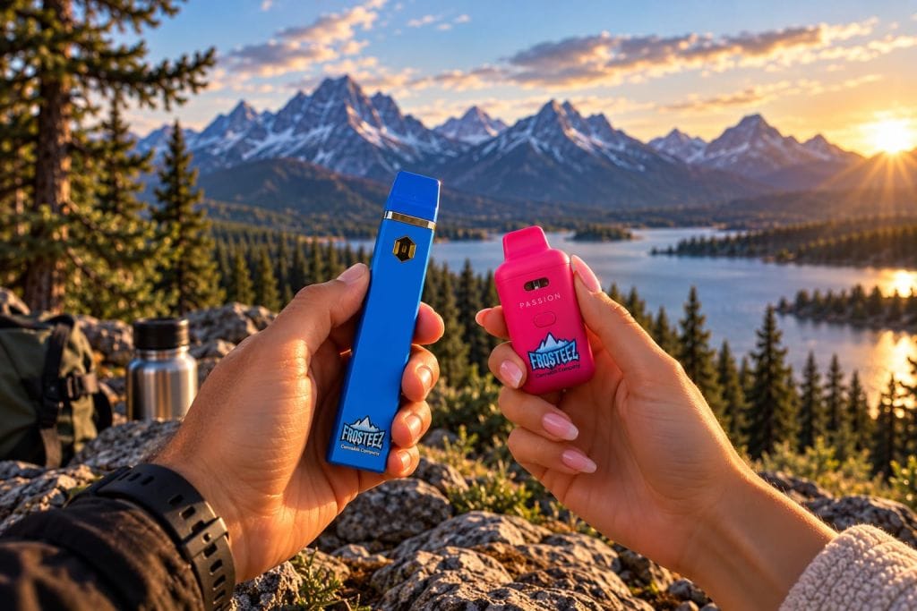 Two cannabis all-in-one vape devices held outdoors with Montana mountain lake and sunset backdrop near Frosteez dispensary locations
