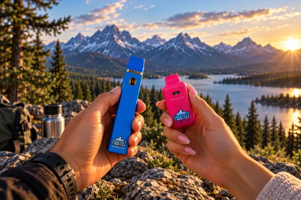 Two cannabis all-in-one vape devices held outdoors with Montana mountain lake and sunset backdrop near Frosteez dispensary locations