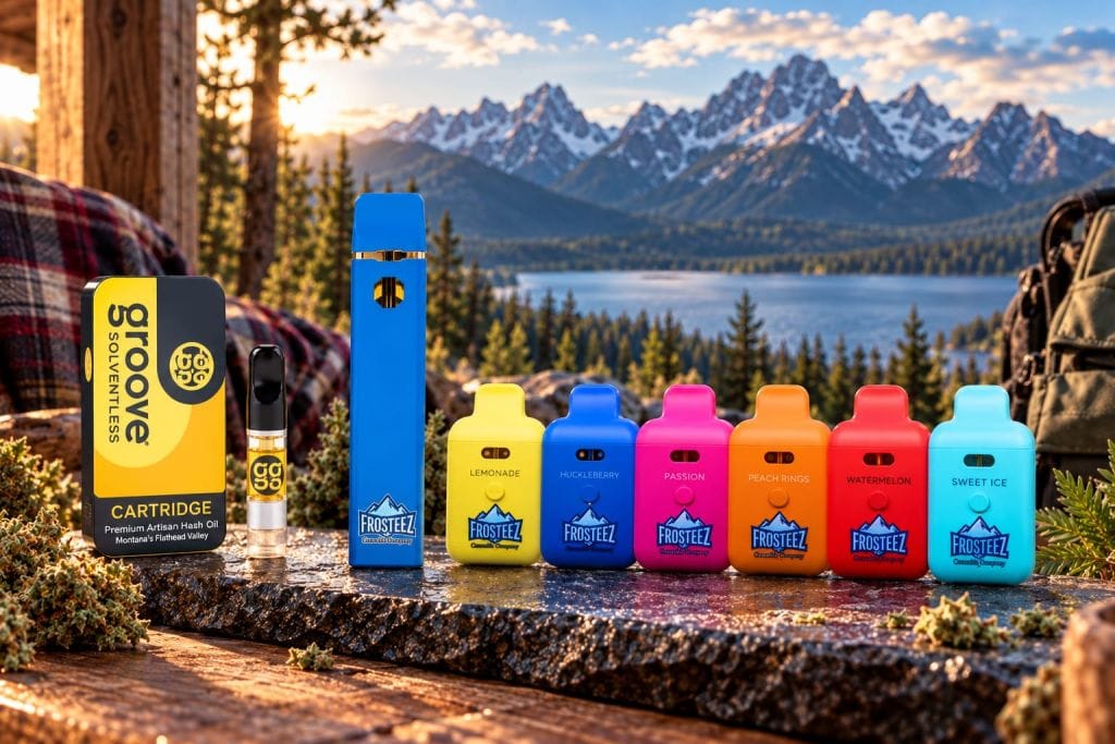 Vape cartridges and colorful all-in-one disposables on dark slate in Montana cabin with lake and pine forest views at Frosteez dispensary