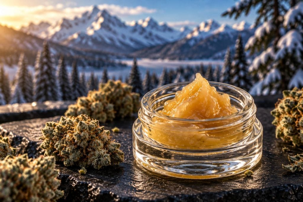 Live rosin extract in glass dab container with Montana mountain backdrop at Frosteez dispensary